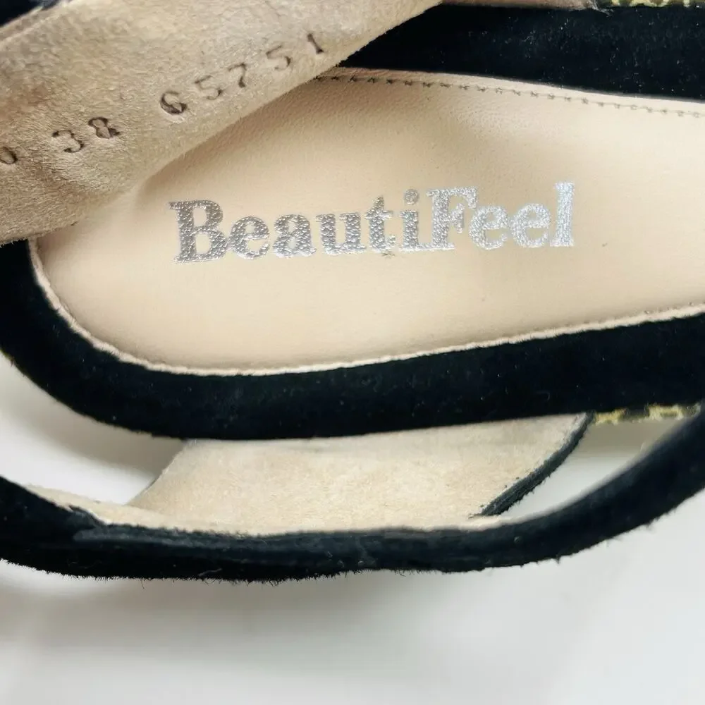 Beautifeel Sandals Black Size 38 Suede Ankle Strap Giraffe Print Wedge Heel